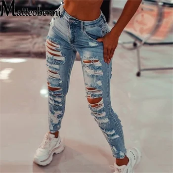 2021 Femei Slim Fit Jeans Modă de Culoare Solidă Rupt Gaura Ciucure Întinde de Înaltă Talie Doamnelor Denim Creion Pantaloni Lungi Pantaloni