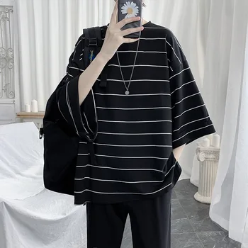 2021 Vara Noi Bărbați T-shirt Hong Kong Stil Masculin, O-Neck Loose Tricou cu Dungi 5-litera Sleeve T-shirt Streetwear Supradimensionate T-shirt