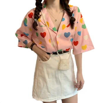 2022 Vara De Sex Feminin Dragoste Inima Imprimare Tricou Harajuku Teen Fete Kawaii Bluza Bestie De Potrivire Bluze Casual Butonul De Sus Camisa 