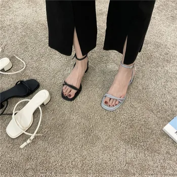 2022 Vara Noi Bandă Îngustă Femei Sandale Pantofi De Moda Toc Gros Doamnelor Elegante Sandale Sandalias Curea Glezna Rochie Pompe