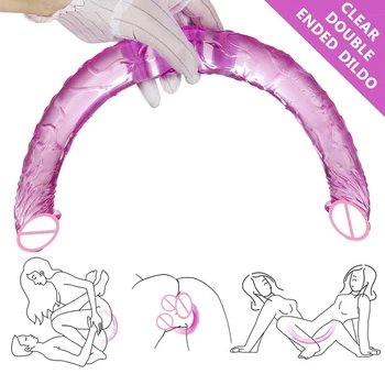 44cm Moale Jelly Vibrator Dublu Timp Realist Vibratoare Lesbiene Penis Vaginal Anal Plug Flexibil Penis Fals Pentru Femei Vibratoare Jucarii Sexuale