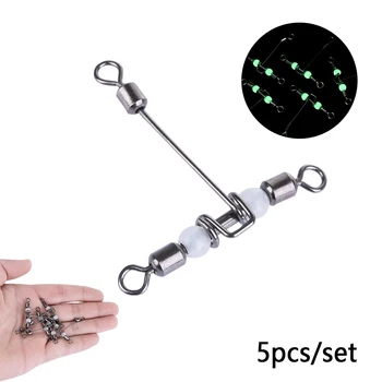 5Pcs Luminos T-Forma de Pescuit, Cârlige de Rulare Pivotante Cu Perla 3 Conector Fel Trident Wivels Rulment Splitter Alamă Baril