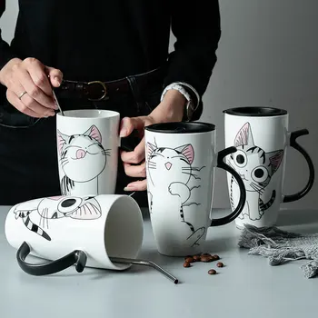 600ml Drăguț Pisica Ceramica Cana de Cafea cu Capac Capacitate Mare de Animale Cani Creative Drinkware Cafea, Ceai, Cani Cadouri Noutate Cana de Lapte