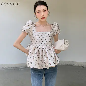 Bluze Femei de Vară Moale Print Stil francez Fierbinte de Vânzare Haine Femme Retro Harajuku Toate-meci Decupate petrecere a timpului Liber Puff Maneca Blusas