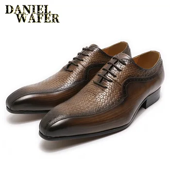 Brand de lux pentru Bărbați Oxford Formale Pantofi Maro Negru a Subliniat Toe Dantela-Up de Afaceri de Birou de Mireasa Piele naturala Pantofi pentru Bărbați