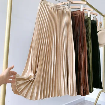 Croysier Birou Doamnă Elegantă Din Satin Fusta Plisata 2021 Moda De Îmbrăcăminte Pentru Femei Fuste Femei Elastic Talie Inalta Midi Fusta Lunga