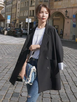 De Brand Nou Stil Coreean Dublu Rânduri Vrac Femei Blazer Jacheta Lady Crestate Guler Contrast Bantă De Sex Feminin Strat De Îmbrăcăminte De Modă