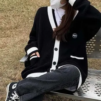 Deeptown Stil Coreean Negru Tricotate Cardigan Pulover Femei Supradimensionat Moda Singur Pieptul Tricotaje Jachete Toamna Jumper Haina