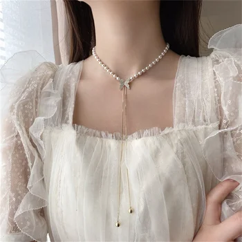 Farmecul Imitație Pearl Fluture Colier Pentru Femei Trage Reglabil Lung Lanț Clavicula Cravată Colier Femeie Moda Bijuterii