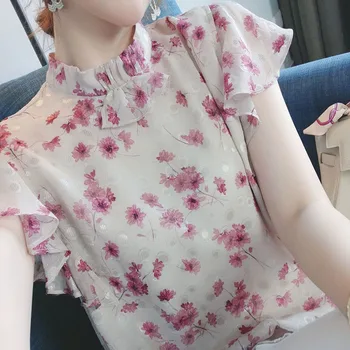 Femei de Moda Elegant Florale Șifon Stand Guler Bluze Casual de Vara 2022 Vrac Zbor Maneca All-meci Pulover Cămașă de sex Feminin