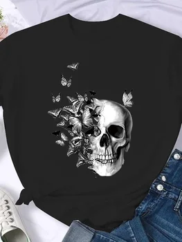 Femei de Moda T-shirt Amuzant Fluture Craniu ' 90, Stilul Negru Tricou Femei Topuri Grafic Scurt maneca Hainele Doamnelor Tee T-shirt