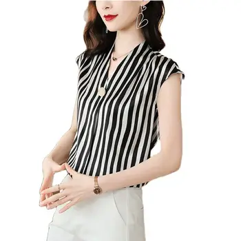 Femei Primavara-Vara Stil Șifon Bluze Camasi Doamna Ocazional fără Mâneci Dungi Imprimate Șifon Blusas Topuri DF4123