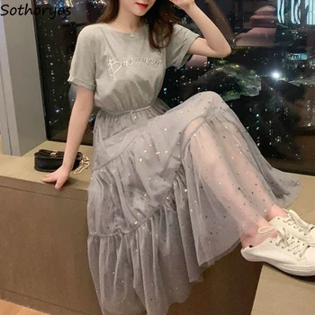 Femei rochie O-gât Plasă cu Paiete Talie Mare Libertate Trendy Casual Dulce Stil coreean de la Jumătatea vițel Chic Haine de sex Feminin de Vară Ulzzang