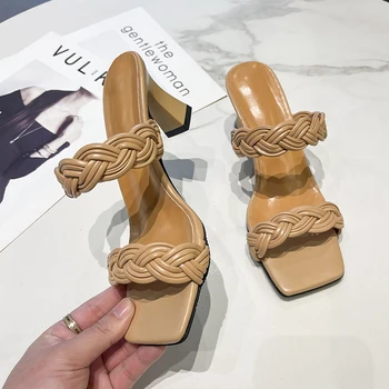 Femei Sandale de Moda 2022 Vara Noi Bandă Îngustă de Mână-țesute de Culoare Curcubeu cu toc pentru Femei Papuci Exterior 7CM