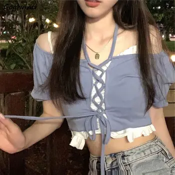 Femei Seturi de Vară Bandaj Halter tricouri Solid Bretele Sexy Dulce Trunchiate Frumoase Fete de Moda Subțire de Vară Stil coreean Chic
