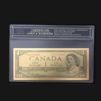 Frumos Canada Aur Bancnote de 1 Dolar Bancnotelor în Aur de 24k Fals Bani de Hârtie Cu COA Cadru Pentru Colectarea
