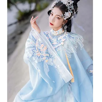Hanshanghua Original Dinastiei Ming Hanfu Costum De Femei Chineze Stand Guler Lotus Broderie Nor Umăr Halat Față De Cal Fusta