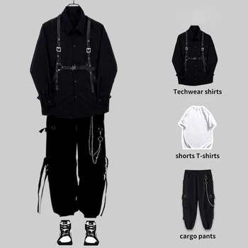 HOUZHOU Techwear Bărbați Seturi de Punk Negru Pantaloni Barbati Tricou Kit Camasi cu Maneca Lunga coreean Streetwear Hip Hop Harajuku Primăvară