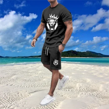 Imprimare 3D Leu Sport pantaloni Scurți de Plajă Trening de sex Masculin Haine de Moda 2 Bucată de Stradă pentru Bărbați Seturi de Vara cu Maneci Scurte T-Shirt Suit