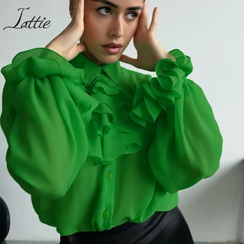 Inttie Femei de Moda Bluze 2022 Elegant de Vară Șifon Tricouri Vedea prin partea de Sus Ciufulit Maneca Lunga Bluza Verde Haine Sexy