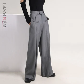 LANMREM 2023 Primăvară Nouă Gri Largi Picior Pantaloni Talie Inalta Femei Liber Casual Pantaloni Drepte Femeie Înaltă Streetwear 2M220