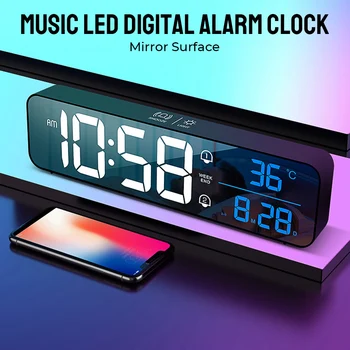 Muzica LED Digital Ceas cu Alarmă Oglindă Ceasuri Desktop Acasă Decor de Masă 2400mAh Baterie Temperatura de Afișare a Datei Control Vocal