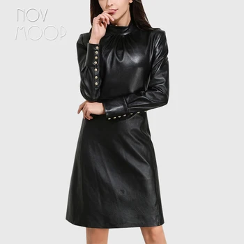 Novmoop High street femei negru-O formă complet maneca skeepkin din piele rochie cu buton de decor Halat en cuir Vestido LT2891