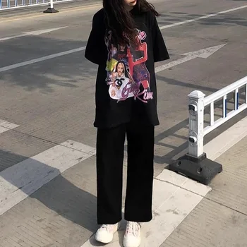 Pantaloni pentru Femei de Toate-meci Decora Costum Largi Picior Negru Simplu Moda coreeană Talie Mare Direct Trunchiate Pantaloni Largi Student