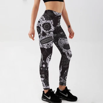 Qickitout Colanti de Fitness Femei Subțire Negru&Alb craniu mas Legging Sexy Moda Întinde Digital Print Pantaloni Cool Pantaloni