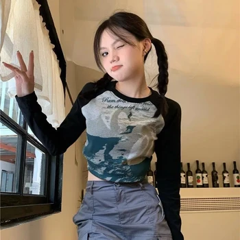 Retro Graffiti Print T-shirt Pentru Femei Streetwear Grunge Moda coreeană Maneca Lunga Harajuku Tricou Femme Punk Y2K Slim Topuri
