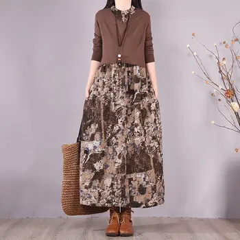 Rochie de In Bumbac și Lenjerie Rochie Midi de Îmbrăcăminte pentru Femei Mâneci Lungi de Primăvară și de Toamnă Fals Două Retro Plus Dimensiune coreean Vrac Noi