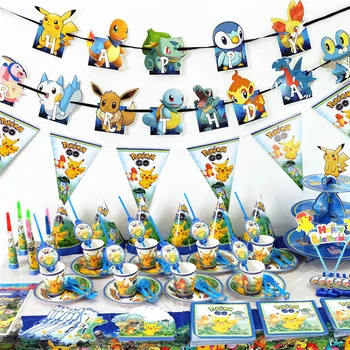 TAKARA TOMY Pokemon Copii Ziua de nastere Tema Tacamuri de unica folosinta Set Pikachu Baloane Folie Baby shower Party Decoratiuni Consumabile