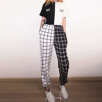 Toamna Femei Pantaloni de Moda Streetwear Alb-Negru Carouri Imprimare Vrac Elastic Talie Pantaloni Harem
