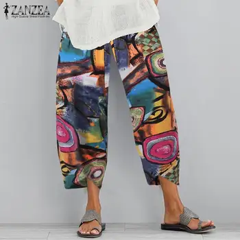  Vara Bumbac Largi Picior Pantaloni ZANZEA Femei Florale Imprimate Pantaloni Vintage Talie Elastic Boem Pantalon Harem Nap