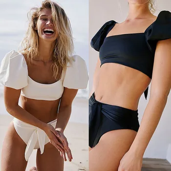 Vara Talie Mare Culoare Solidă Bikini Scurt Split Manșon De Puf De Costume De Baie Femei