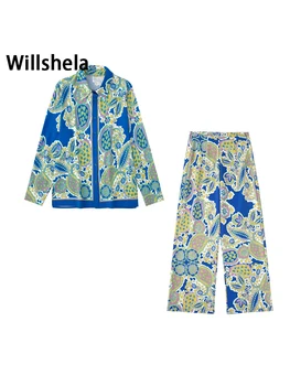 Willshela Femei De Moda Set De Două Piese Imprimate Bluza Singur Pieptul & Vintage Laterale Cu Fermoar Pantaloni Sex Feminin Chic Lady Pantaloni Seturi
