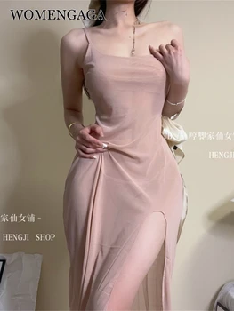 WOMENGAGA Zana Sexy Split Mesh Tank Maxi Lung Rochie de Femei Cămașă de noapte Plasă de Dantelă Dulce Drăguț Roz sex Feminin coreeană Halat VPE1
