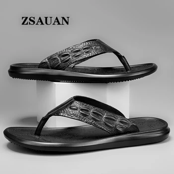 ZSAUAN de Lux pentru Bărbați Papuci din Piele de Moda Clip Toe Casual Flip flop de Interior Model Crocodil Acasă Sandale Bărbați