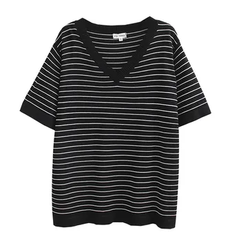 Îmbrăcăminte pentru femei T-Shirt, Plus Dimensiunii Vară Teuri 2021 Casual Scurt Maneca V Gat cu Dungi de Gheață de Tricotat Topuri Camiseta Mujer
